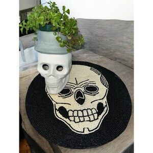 Halloween Beaded Skeleton Skull 15in Placemat Goth Spooky Haunted